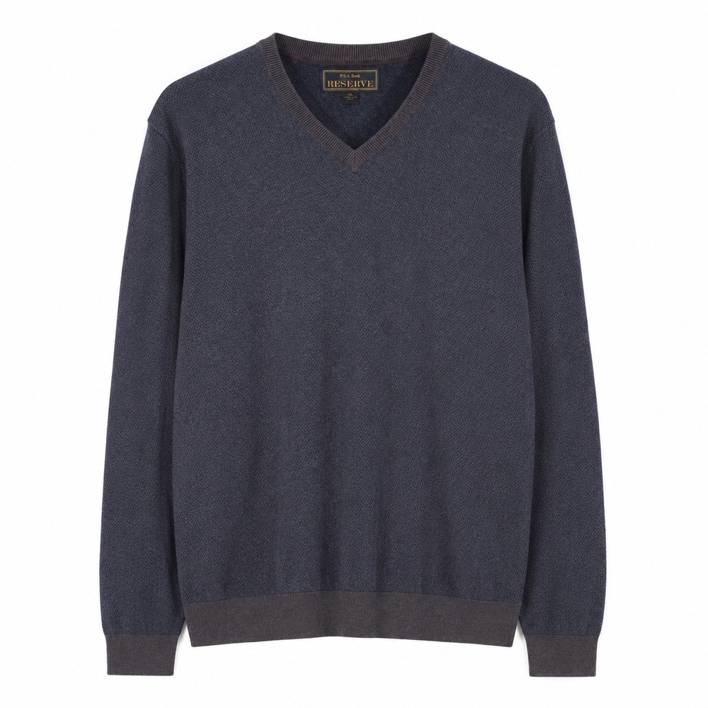 Jos A Bank Reserve Mens XL V-Neck Sweater Navy Brown Herringbone Cotton Cashmere